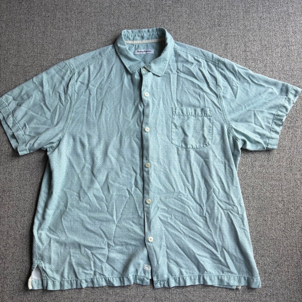 Tommy Bahama Shirt Mens XL Silk Short Sleeve Seafoam Green Geometric Button-Down